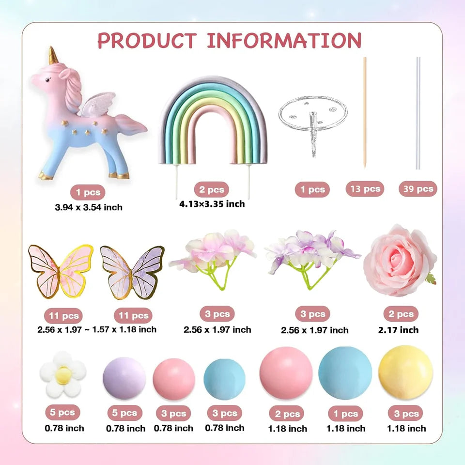 Rainbow Unicorn Flower Cake Decoration Set